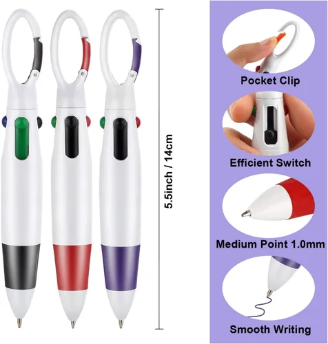 Vista 2 de Bolígrafos retráctiles, 12 bolígrafos multicolor 4 en 1 de 0.039 pulgadas con clip de mosquetón, bolígrafos de regalo para oficina, suministros