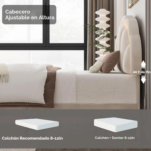 Vista 5 de Base de cama LED tapizada individual para niñas con cabecero de pétalos ajustable, color beige