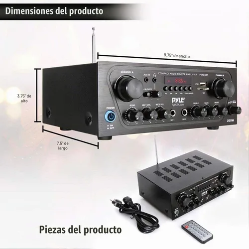 Vista 3 de Pyle - Amplificador de potencia de sonido doméstico para karaoke mejorado con entrada auxiliar, bluetooth, USB, 2 entrada de micrófono con eco