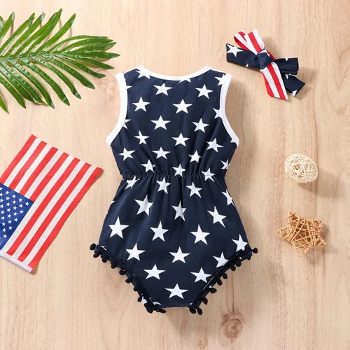 Vista 3 de LUZOZEZO Mameluco de borla con bandera americana para bebé niña pequeña con diadema