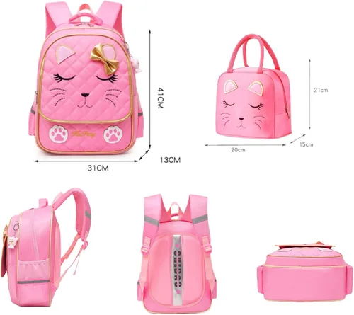 Vista 9 de Juego de 2 mochilas escolares con lazos para niñas y estudiantes, diseño de princesa para escuela primaria, 2pcs Negro-s, 2Pcs BagSet S