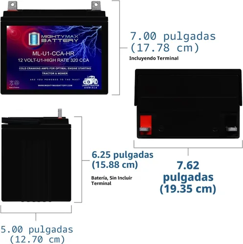 Vista 2 de Mighty Max Battery Batería ML-U1-CCAHR 12V 320CCA para cortacésped JohnDeere X320 300CCA