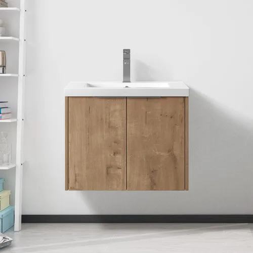 Vista 3 de Juego de tocador de baño de 24 pulgadas con lavabo, juego de armario de baño montado en la pared con lavabo de gel y puerta de gabinete de cierre