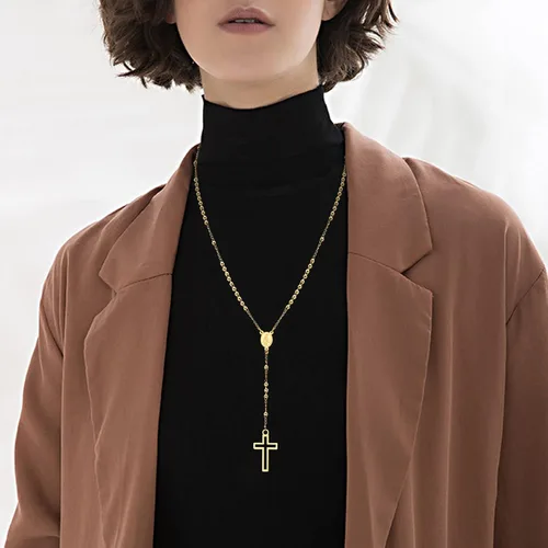 Vista 6 de XUANPAI Collar de cuentas de rosario cristiano cruzado, joyería católica, colgante de amuleto de medalla de Virgen María, colgante de acero