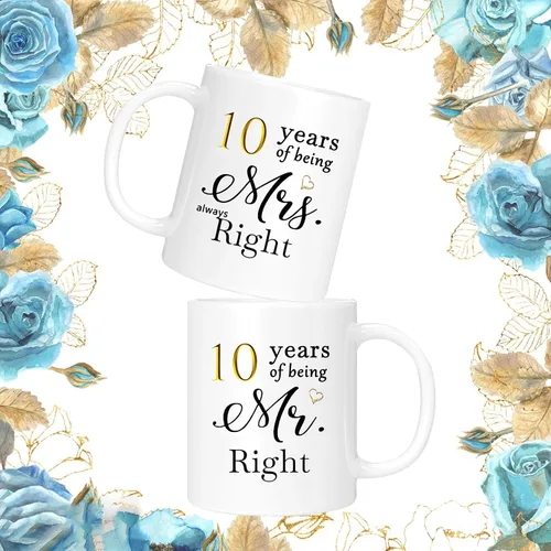 Vista 3 de Juego de 2 tazas de café para el 10º aniversario, regalos de boda para parejas, padres, hombres, mujeres, marido, esposa, él, ella, caja de regalo