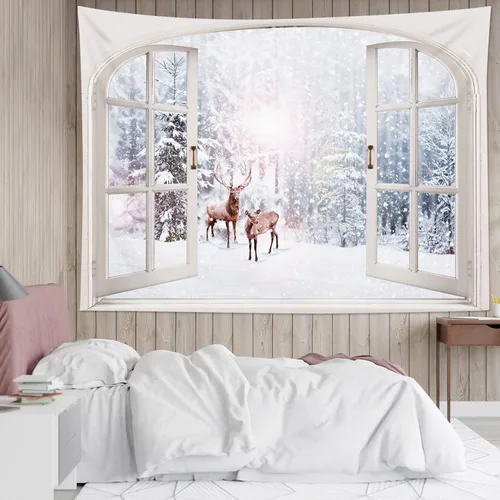 Vista 9 de WEENEO Tapiz de bosque de invierno, ventana, exterior, pino, Navidad, escena de nieve, tapiz de naturaleza, plantas, montaña bajo azul estrellado
