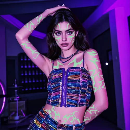 Vista 6 de 12 tatuajes temporales morados que brillan en la oscuridad, tatuajes falsos de baile para cosplay, Halloween, festival de música, maquillaje