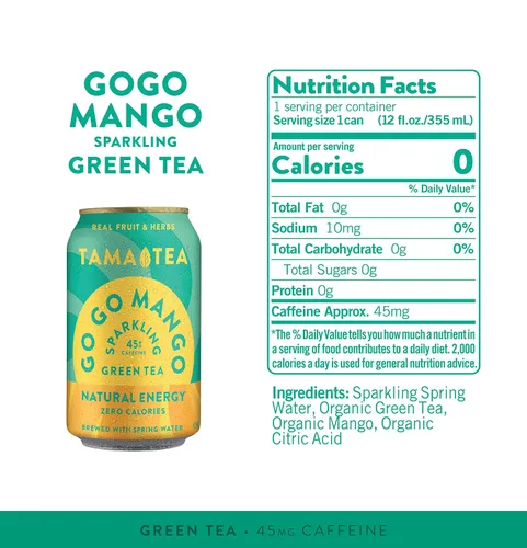 Vista 2 de Tama Tea - Té verde espumoso sin azúcar - Té verde helado orgánico Go Go Mango, cero calorías y cero carbohidratos, 45 mg de cafeína, sin