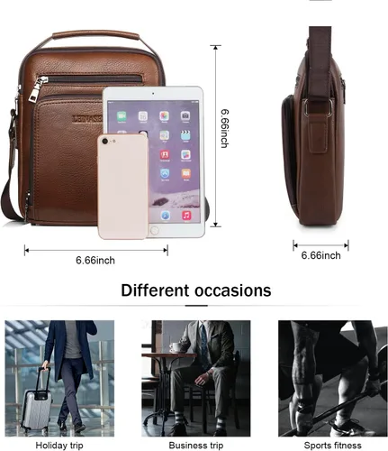 Vista 3 de KUANG! Bolso de hombro para hombre, de piel sintética, bolso de mensajero de negocios, maletín de viaje, cruzado con múltiples bolsillos