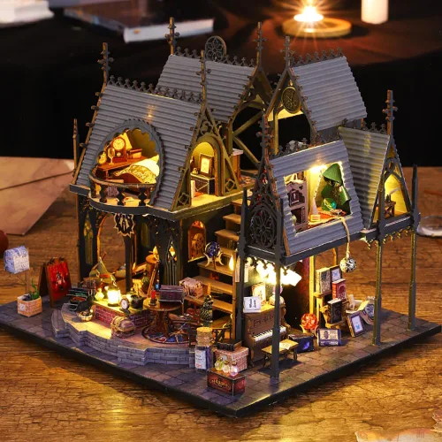 Vista 4 de Rompecabezas de madera DIY modelo arquitectónico 3D Mini kit de muebles de casa de muñecas con música y luces LED, habitación creativa mejor