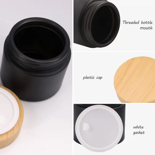 Vista 4 de Paquete de 4 tarros de crema de vidrio negro de 2 onzas, recipiente vacío de muestra esmerilado con tapas de plástico, contenedor de almacenamiento