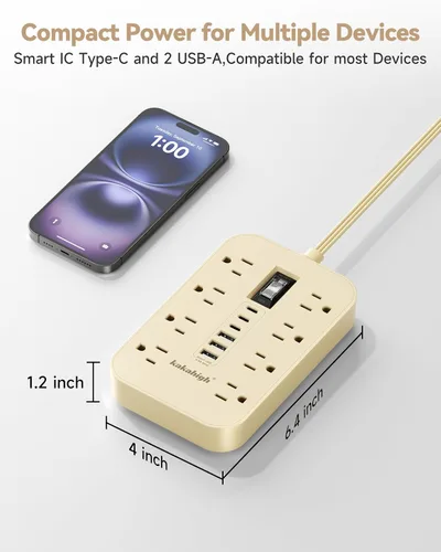 Vista 7 de Regleta de alimentación beige con puertos USB, cable de extensión plano de 5 pies, cable de extensión decorativo de 1625 W con 8 tomas de corriente