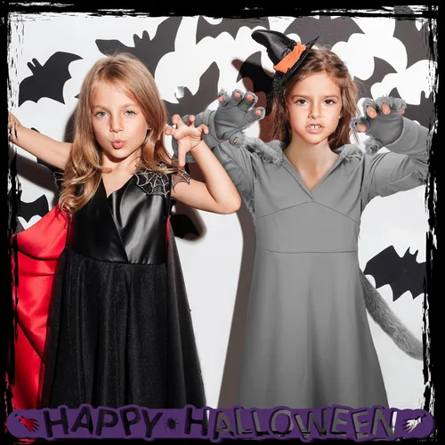 Vista 6 de Bonuci Disfraz de lobo de Halloween de 3 piezas para niñas, vestido de hombre lobo con cola, guantes de pata de lobo, calentadores de piernas