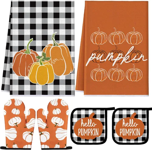 Vista 9 de Bencailor - Juego de 6 manoplas de cocina de otoño para ollas y guantes de horno, guantes de horno de calabaza azul, soportes para ollas de cosecha