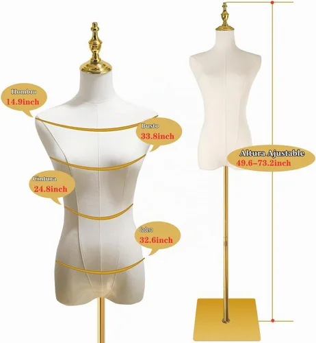 Vista 5 de Maniquí femenino ajustable con forma de torso para exhibición de ropa con soporte de metal dorado