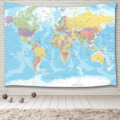 Vista 4 de TOMOZ Tapiz de mapa del mundo para colgar en la pared para profesores, estudiantes, mapa del mundo con países y ciudades principales, tapiz