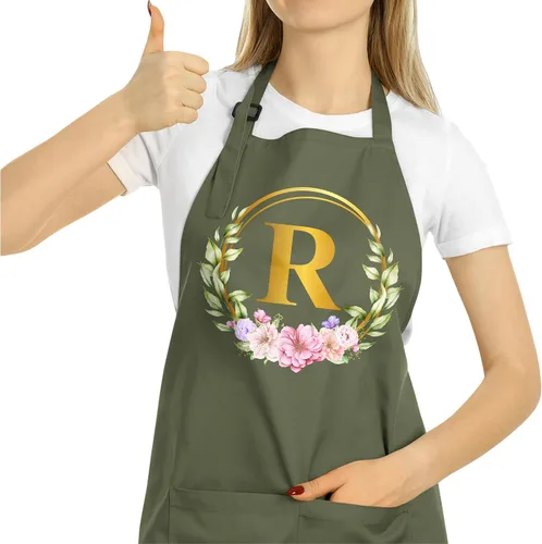 Vista 25 de ROKO CLOTHING Delantal de iniciales personalizadas con bolsillos, delantales de cocina personalizados para mujeres para hornear cocinar cuello