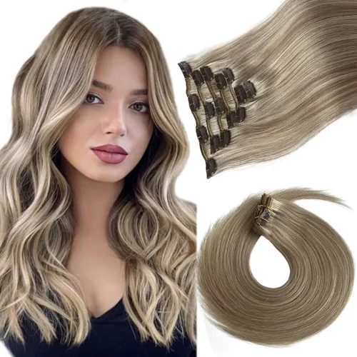 Vista 20 de Extensiones de cabello humano real con clip, de 12 pulgadas, para mujer, color rubio plateado, balayage, 2.47 oz, 7