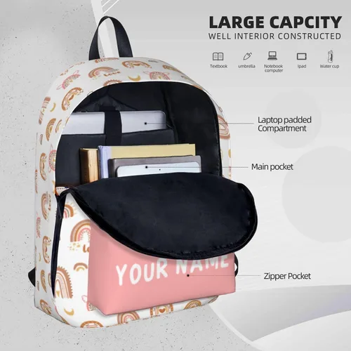 Vista 5 de Mochila personalizada para niñas y niños, mochilas personalizadas con nombre para niños, mochila escolar personalizada para viajes, Rainbow-rosado