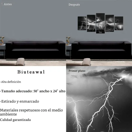 Vista 6 de Biuteawal - Arte de pared en blanco y negro de la naturaleza, relámpagos en las nubes, pintura sobre lienzo, tormenta y vista nocturna de la ciudad