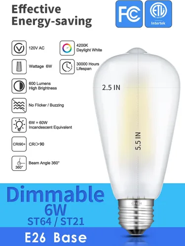 Vista 2 de Bombillas LED Edison de 6 W regulables (equivalente a 60 W), luz diurna de 4200 K, bombillas LED Edison de 600 lm E26 ST64 de vidrio esmerilado