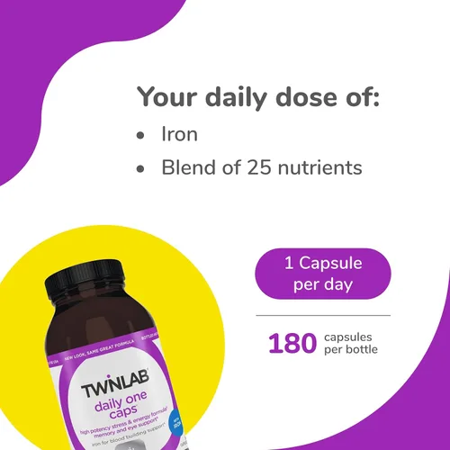 Vista 3 de Twinlab Daily One Caps Suplemento multivitamínico y mineral con hierro, 180 cápsulas