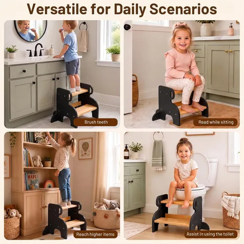 Vista 6 de COSYLAND Taburete de madera de 2 escalones para niños, baño y cocina Negro y natural