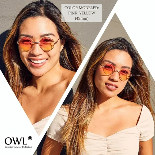 Vista 3 de OWL Gafas de sol redondas con marco de metal, círculo, retro, hippie, protección UV400 Lente verde-transparente de 2 tonos / dorado