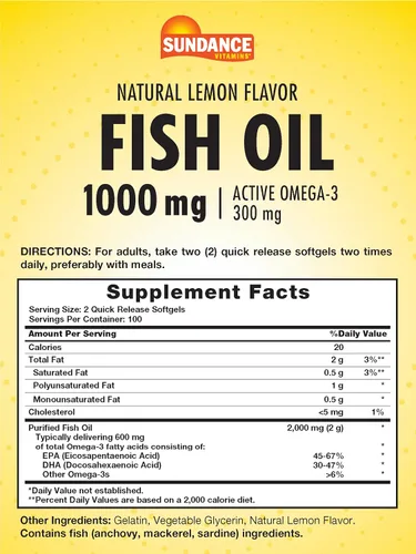 Vista 2 de Sundance Aceite de pescado Omega-3 Lem 1000 mg, sabor natural a limón, 200 unidades Sabor natural a limón Suplemento sin OMG y sin gluten