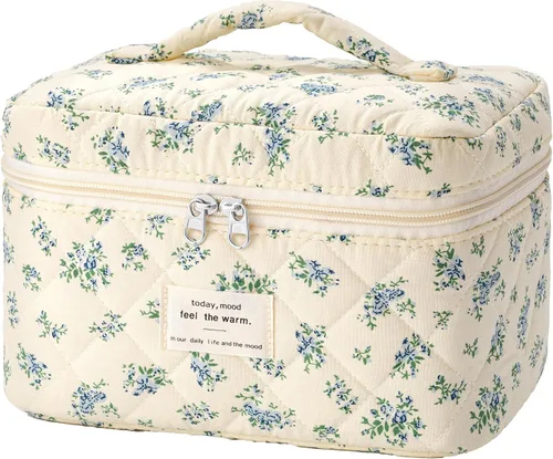 Vista 28 de HBselect Bolsa de Maquillaje Acolchada, Bolsa de Maquillaje Grande de Algodón para Viaje, Lindas Bolsas de Maquillaje con Flores Coquette, Bolsas