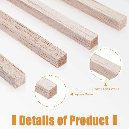 Vista 3 de Tiras de madera Balsa - Clavijas cuadradas de madera de 1/4 pulgadas, varillas cuadradas de 12 pulgadas de largo, clavija cuadrada de madera sin