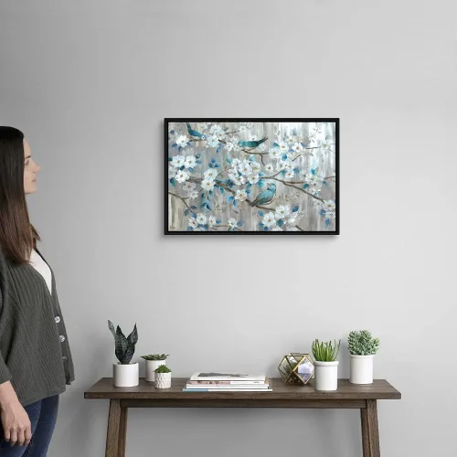 Vista 2 de Lienzo decorativo con marco flotante, diseño de pájaros verde azulado
