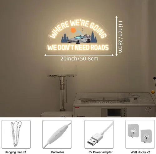 Vista 5 de Letrero de neón personalizado con texto en inglés «Where We're Going We Don't Need Roads», neón LED retro para decoración de pared, USB regulable