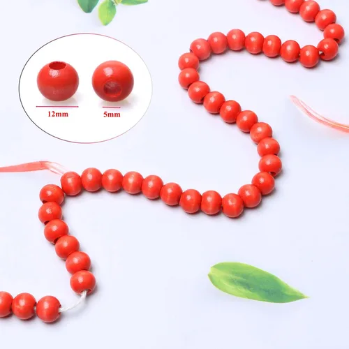 Vista 2 de 300 cuentas de madera roja de 12 mm para guirnalda de granja, cuentas redondas de madera pintadas/de color rojo con agujero grande