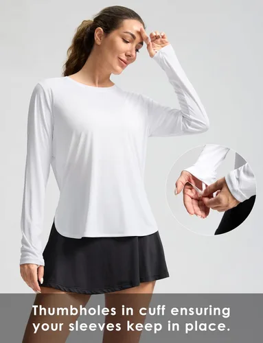 Vista 6 de Camisetas de sol para mujer, con protección ultravioleta FPU 50+, manga larga, ligera, de secado rápido, para entrenamiento, senderismo, para mujer