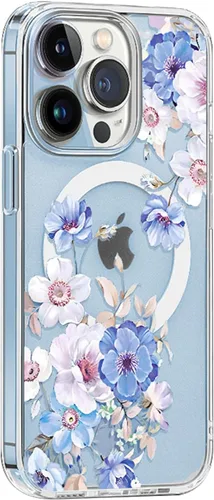 Vista 8 de Funda magnética transparente para iPhone 13 [compatible con cargador MagSafe] Gardenia patrón de estampado floral delgado antiarañazos para mujeres