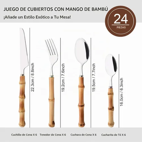 Vista 2 de Juego de cubiertos con mango de bambú, juego de cubiertos de 24 piezas para 6, cubiertos de acero inoxidable, incluye tenedores, cucharas