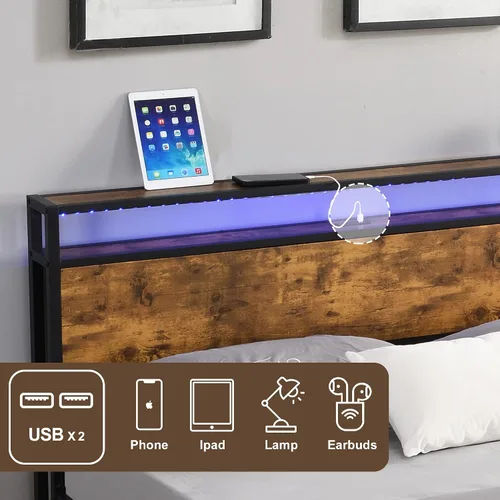 Vista 6 de Marco de cama industrial de tamaño completo con luces LED, 2 puertos USB, almacenamiento de 2 niveles, marrón rústico