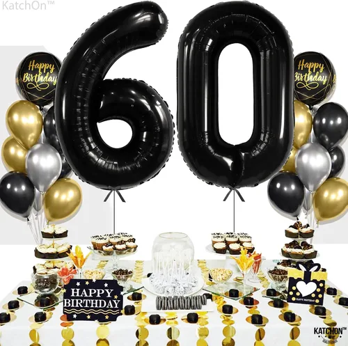 Vista 2 de KatchOn, Globos negros grandes del número 60, 40 pulgadas, globos de aluminio de 60 cumpleaños para decoraciones de cumpleaños, globo 60