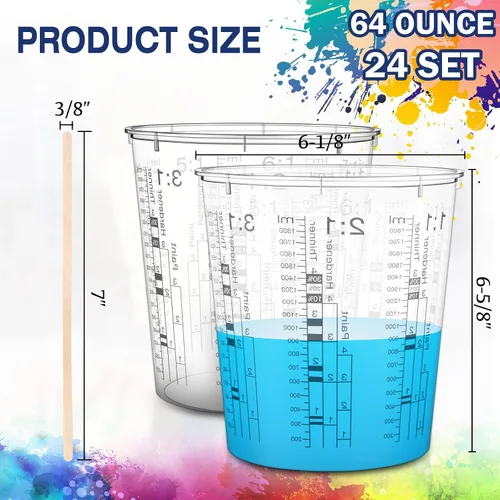 Vista 2 de 24 tazas medidoras de pintura de 64 onzas, 60.9 fl oz, tazas mezcladoras con graduados y 20 varillas de mezcla de pintura de plástico desechable
