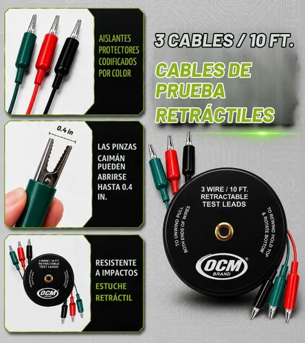 Vista 2 de CABLE DE PRUEBA RETRáCTIL DE 3 CABLES OCM - CABLE DE COBRE ELéCTRICO DE 18 MEDIDORES, CLIPS PARA COJINETES, CAJA RESISTENTE A IMPACTOS