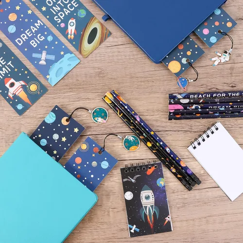 Vista 5 de Kolewo4ever Juego de papelería de 148 piezas con temática del espacio exterior: 100 lápices espaciales, lápices de astronauta, 24 planetas cohetes