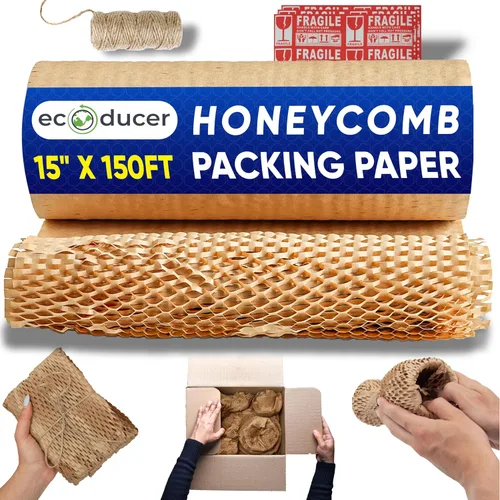 Vista 13 de Papel de embalaje de panal de 12 x 200 pies para mudanza, más calcomanías frágiles y cordel de yute. Materiales de embalaje ecológicos alternativos