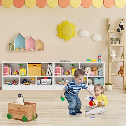 Vista 33 de MEDIMALL Organizador de almacenamiento de juguetes para niños de 5 cubos, estante de almacenamiento de madera de 2 niveles para libros y juguetes