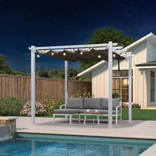 Vista 41 de PURPLE LEAF Pérgola de 10 x 12 pies con toldo retráctil, pérgola cuadrada de bronce de aluminio para patio al aire libre, junto a la piscina, beige