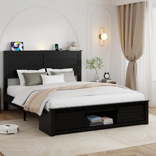 Vista 8 de Base de cama tamaño matrimonial con cabecero de madera, estructura de cama de plataforma de madera con estribo de puerta corrediza de granero