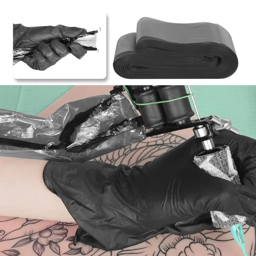 Vista 5 de ATOMUS 100 fundas de cordón con clip de tatuaje con 2 piezas de vendaje autoadhesivo, bolsas de plástico desechables, bolsa para bolígrafo
