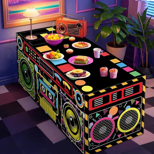 Vista 6 de Mantel temático de 6 pies, 80 y 90, decoración de fiesta de cumpleaños, funda de mesa clásica de radio Boombox, tela lavable, de poliéster, hip hop