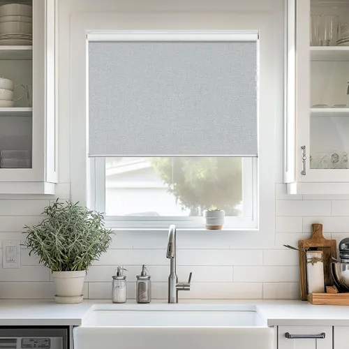 Vista 19 de ChrisDowa Persiana enrollable 100 % opaca sin cordón, de tamaño personalizado, con jacquard a rayas, aislamiento térmico, tela de protección UV