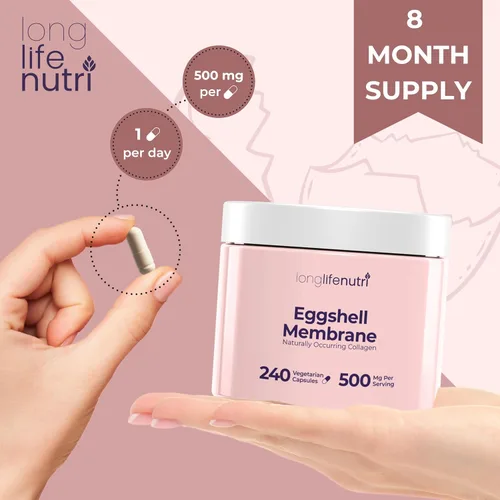 Vista 11 de LongLifeNutri Eggshell Membrane 500mg - Suplemento orgánico NEM para la función articular y comodidad, 240 cápsulas vegetarianas, suministro para 8